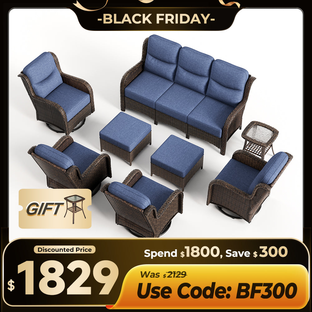 【Extra $300 OFF | CODE: BF300】Hawthorne 8 Piece Outdoor Wicker Sofa Set With Swivel Chairs & Ottomans For Backyard