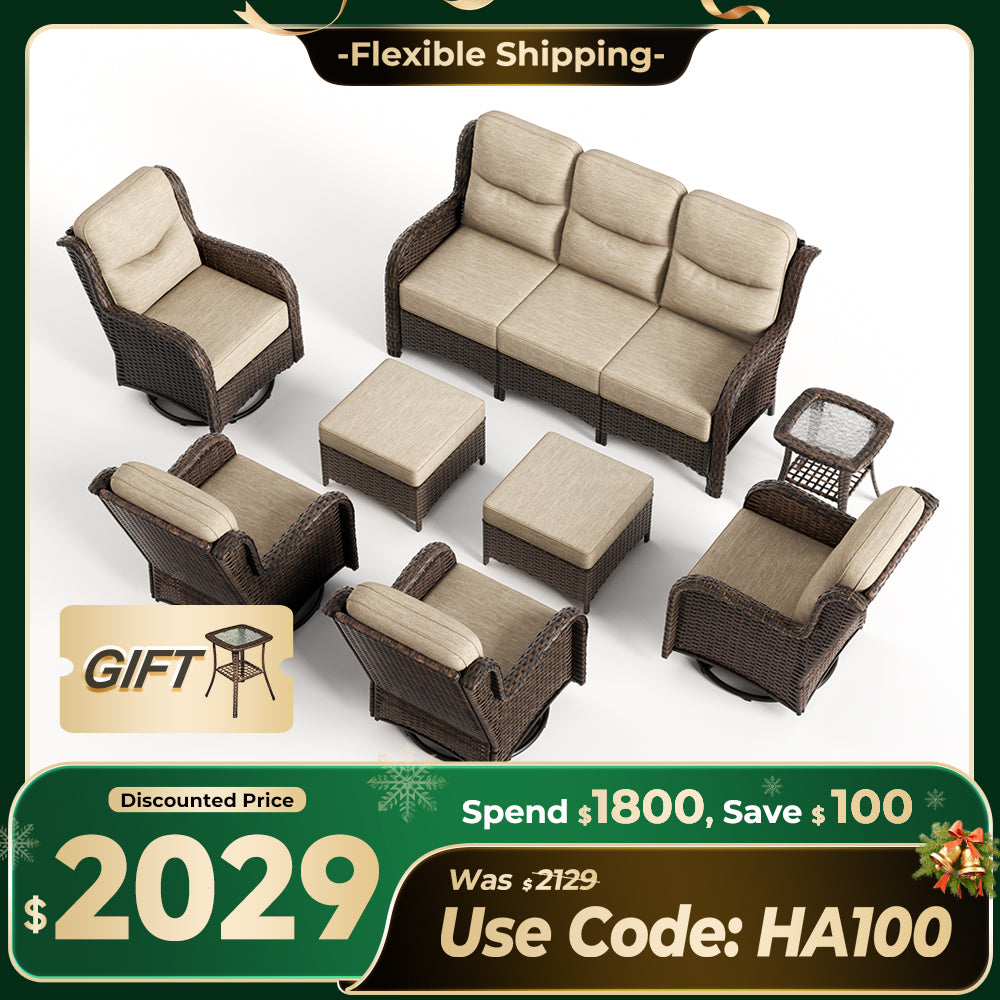 【Extra $100 OFF | CODE: HA100】Hawthorne 8 Piece Outdoor Wicker Sofa Set With Swivel Chairs & Ottomans For Backyard