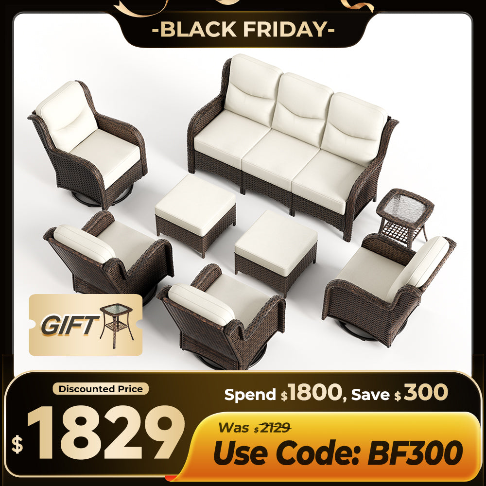 【Extra $300 OFF | CODE: BF300】Hawthorne 8 Piece Outdoor Wicker Sofa Set With Swivel Chairs & Ottomans For Backyard
