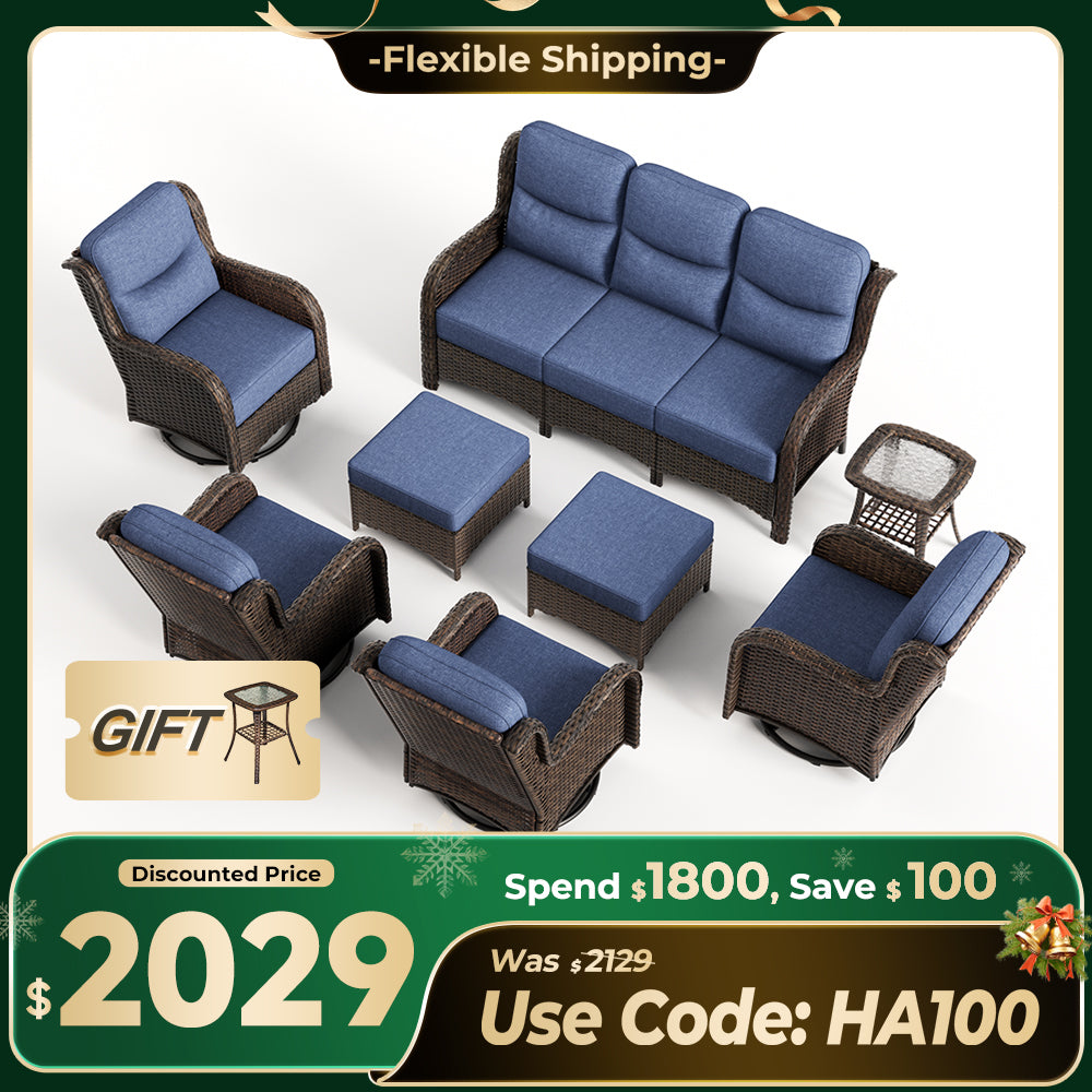 【Extra $100 OFF | CODE: HA100】Hawthorne 8 Piece Outdoor Wicker Sofa Set With Swivel Chairs & Ottomans For Backyard
