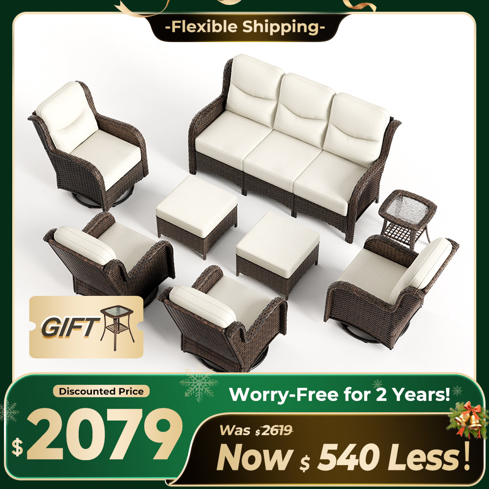 Hawthorne 8 Piece Outdoor Wicker Sofa Set With Swivel Chairs & Ottomans For Backyard