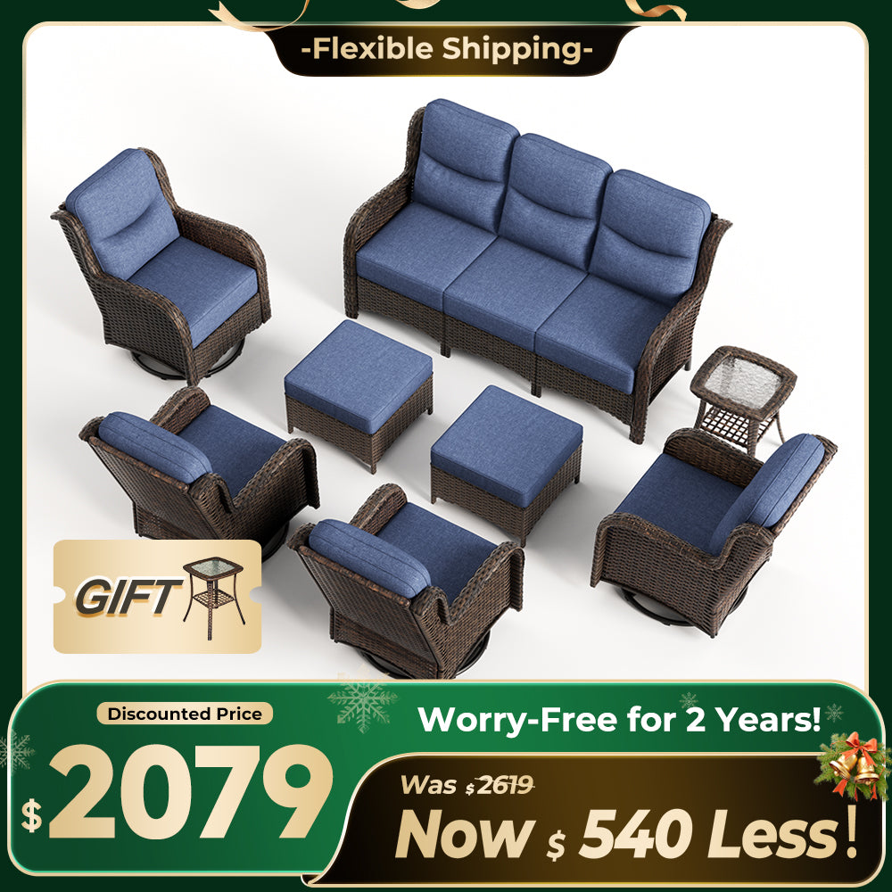 Hawthorne 8 Piece Outdoor Wicker Sofa Set With Swivel Chairs & Ottomans For Backyard