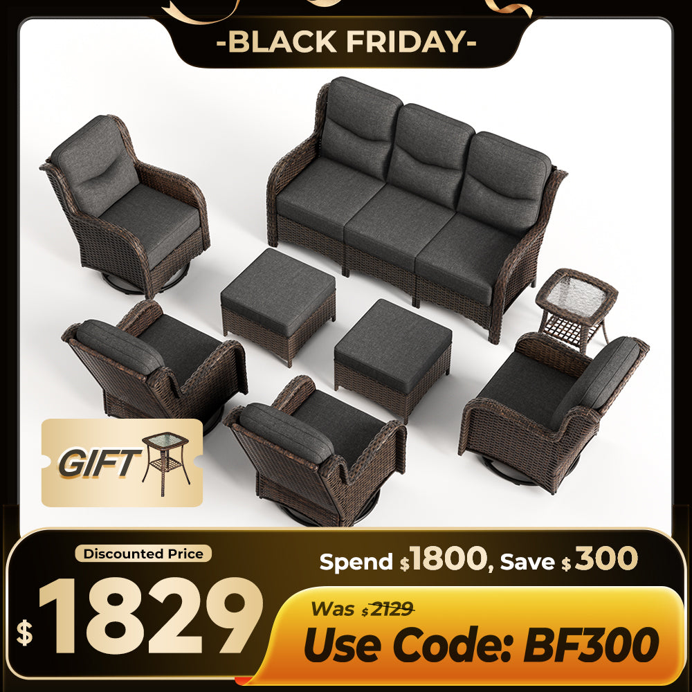 【Extra $300 OFF | CODE: BF300】Hawthorne 8 Piece Outdoor Wicker Sofa Set With Swivel Chairs & Ottomans For Backyard