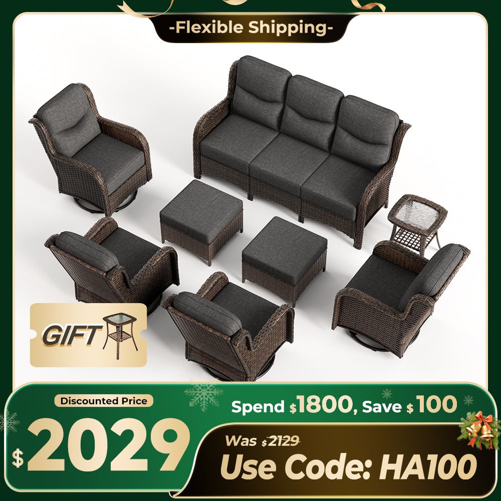 【Extra $100 OFF | CODE: HA100】Hawthorne 8 Piece Outdoor Wicker Sofa Set With Swivel Chairs & Ottomans For Backyard