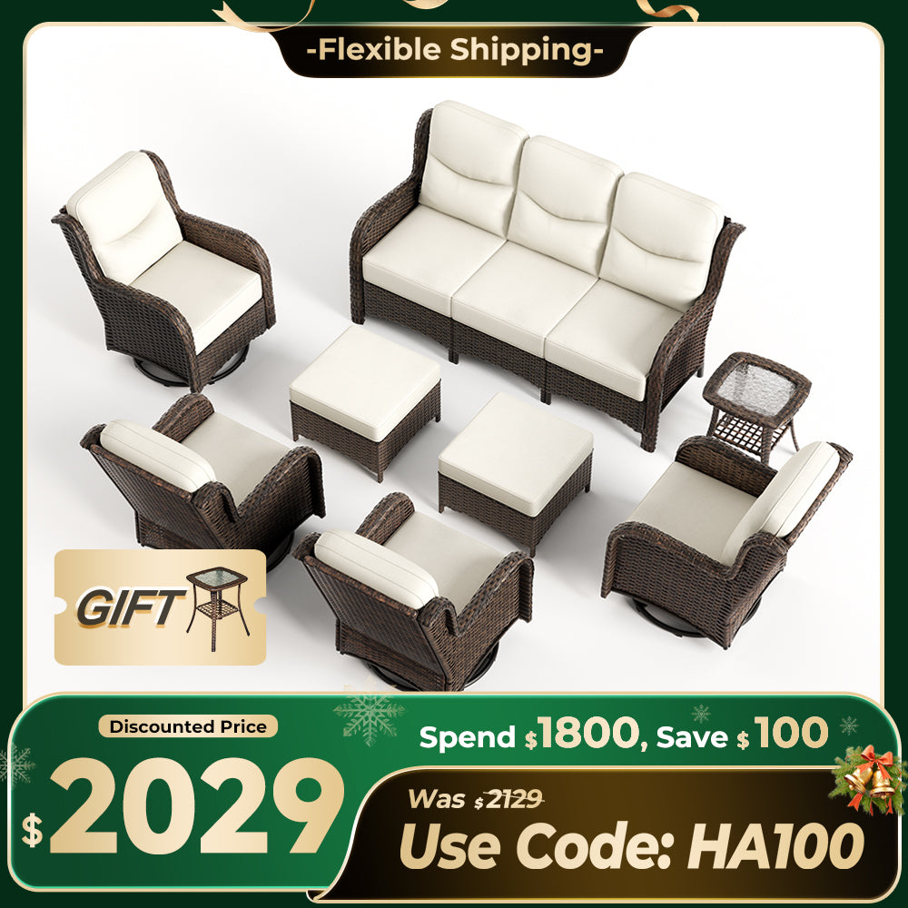 【Extra $100 OFF | CODE: HA100】Hawthorne 8 Piece Outdoor Wicker Sofa Set With Swivel Chairs & Ottomans For Backyard