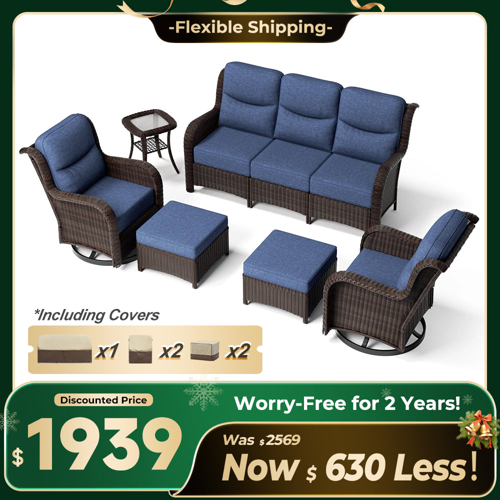 Ardenelle Luxury 6 Piece Patio Wicker Sofa Set With Ottomans, Side tables And Covers