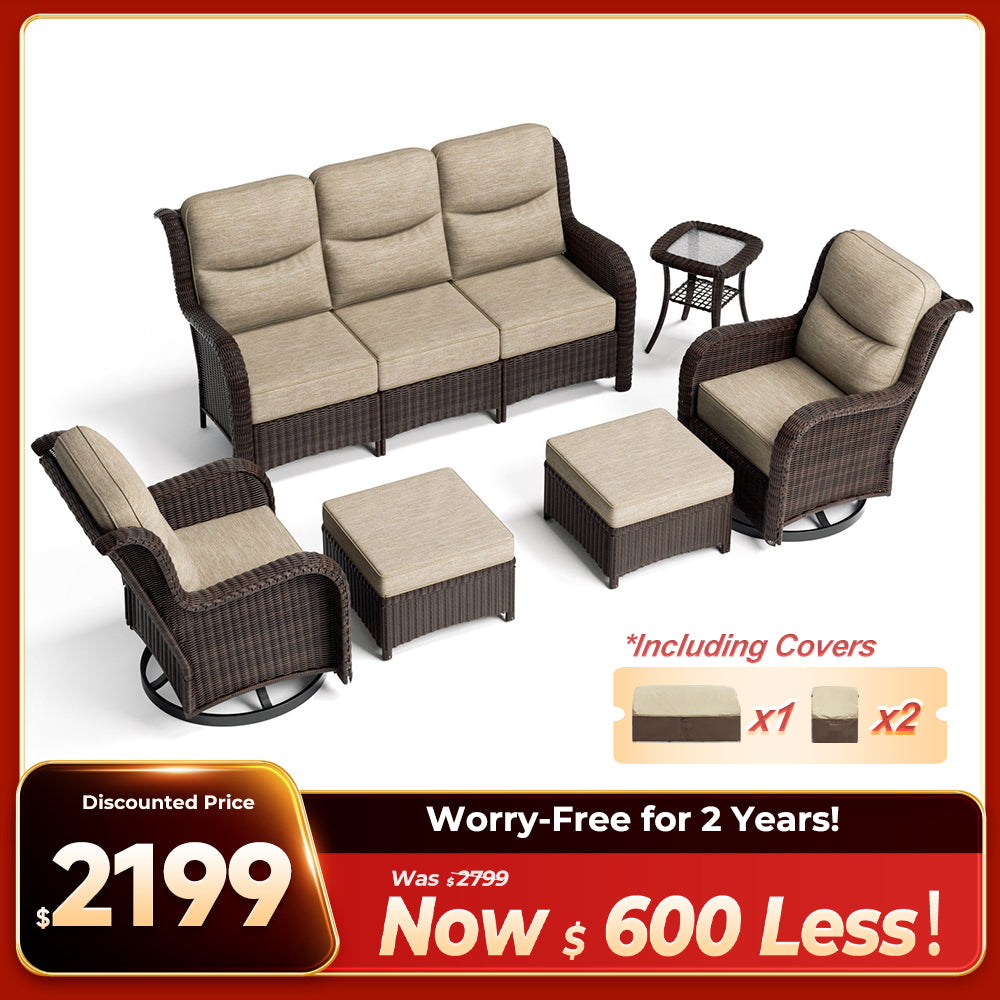 Ardenelle Luxury 6 Piece Patio Wicker Sofa Set With Ottomans, Side tables