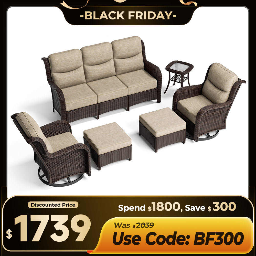 【Extra $300 OFF | CODE: BF300】Ardenelle Luxury 6 Piece Patio Wicker Sofa Set With Ottomans, Side tables And Covers