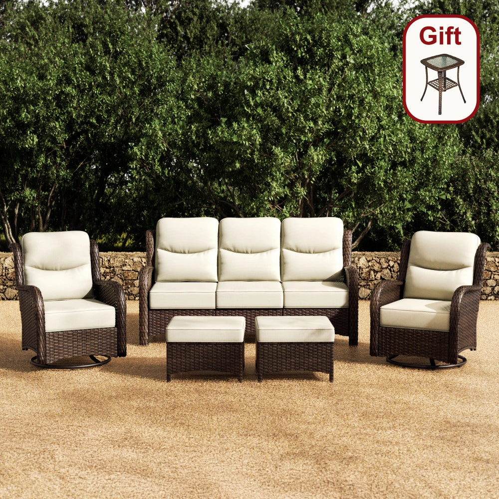 Hawthorne 5 Piece Patio Rattan Sofa Set with Swivel Chairs & Ottomans