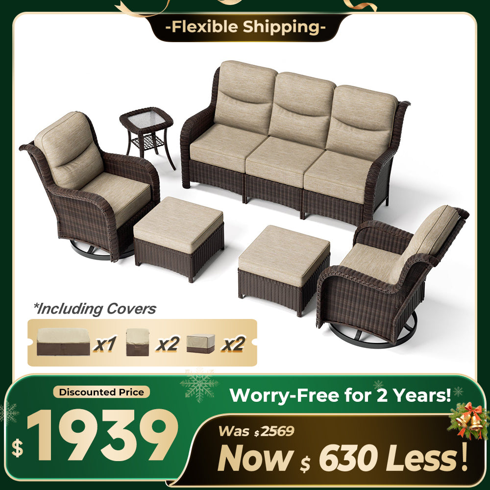 Ardenelle Luxury 6 Piece Patio Wicker Sofa Set With Ottomans, Side tables And Covers