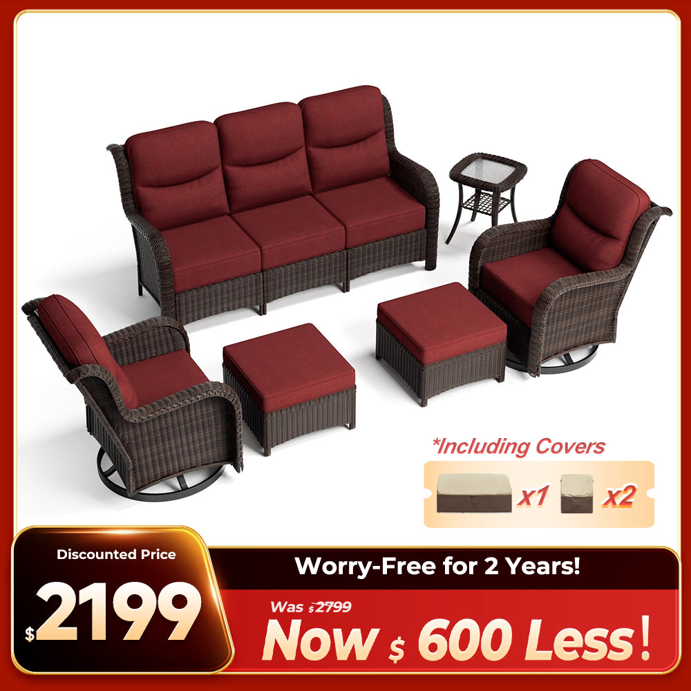 Ardenelle Luxury 6 Piece Patio Wicker Sofa Set With Ottomans, Side tables