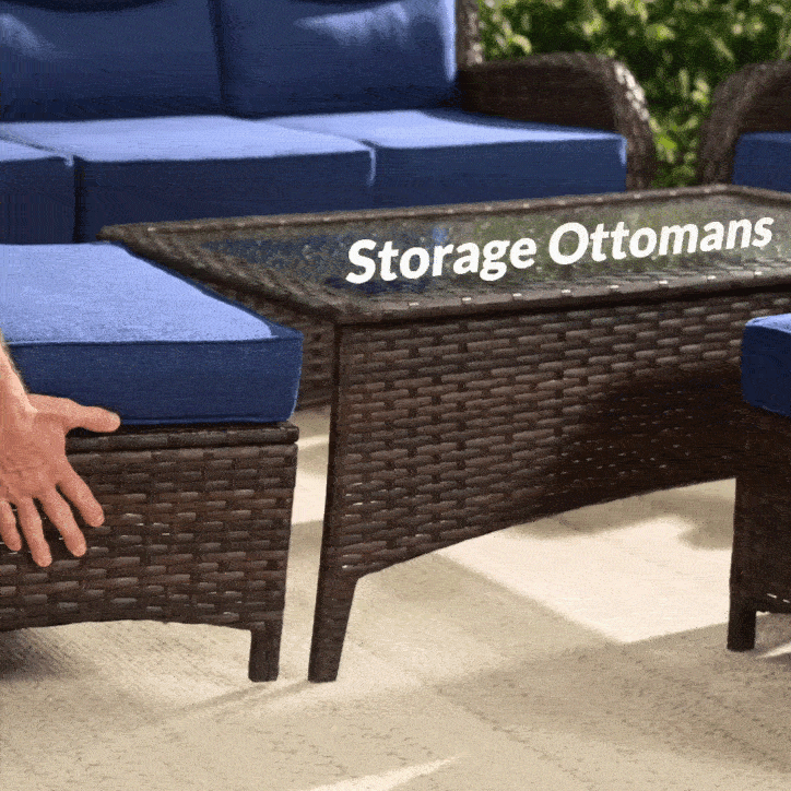 Hawthorne Blue Wicker Furniture Patio Sofa And Swivel Glider Chairs With 6-Inch Cushions