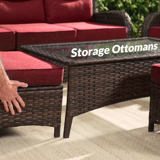 Hawthorne Wicker Furniture Patio Red Sofa And Swivel Glider Chairs With 6-Inch Cushions