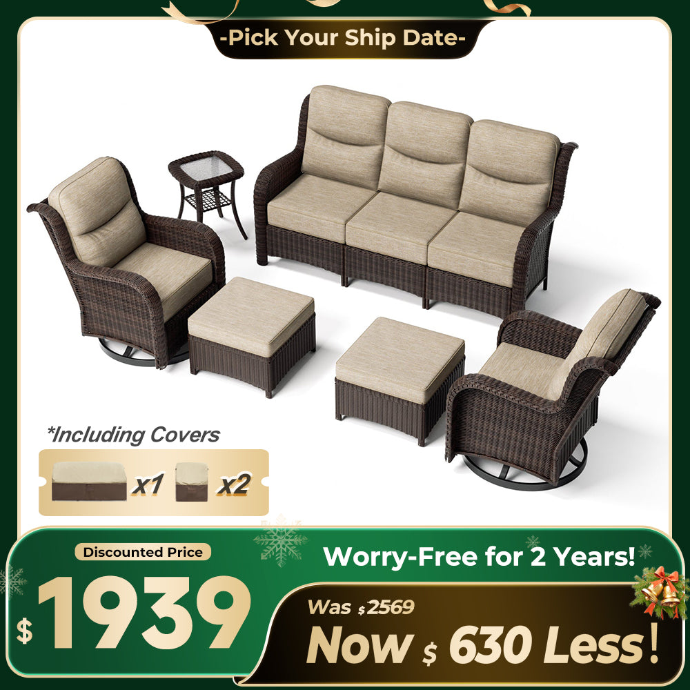 Ardenelle Luxury 6 Piece Patio Wicker Sofa Set With Ottomans, Side tables And Covers