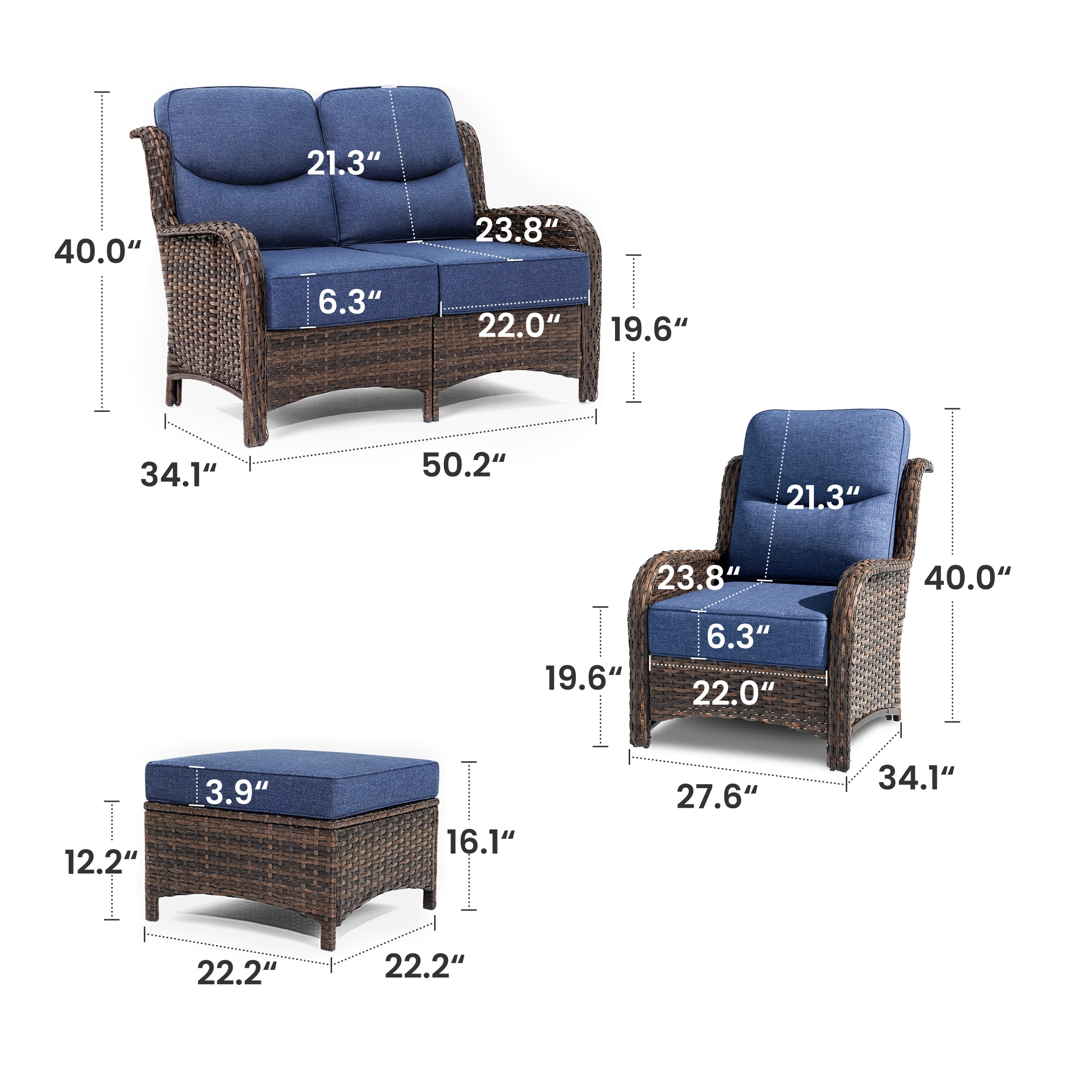 Hawthorne 6 Piece Patio Wicker Loveseat Set With Lounge Chairs And Ottomans