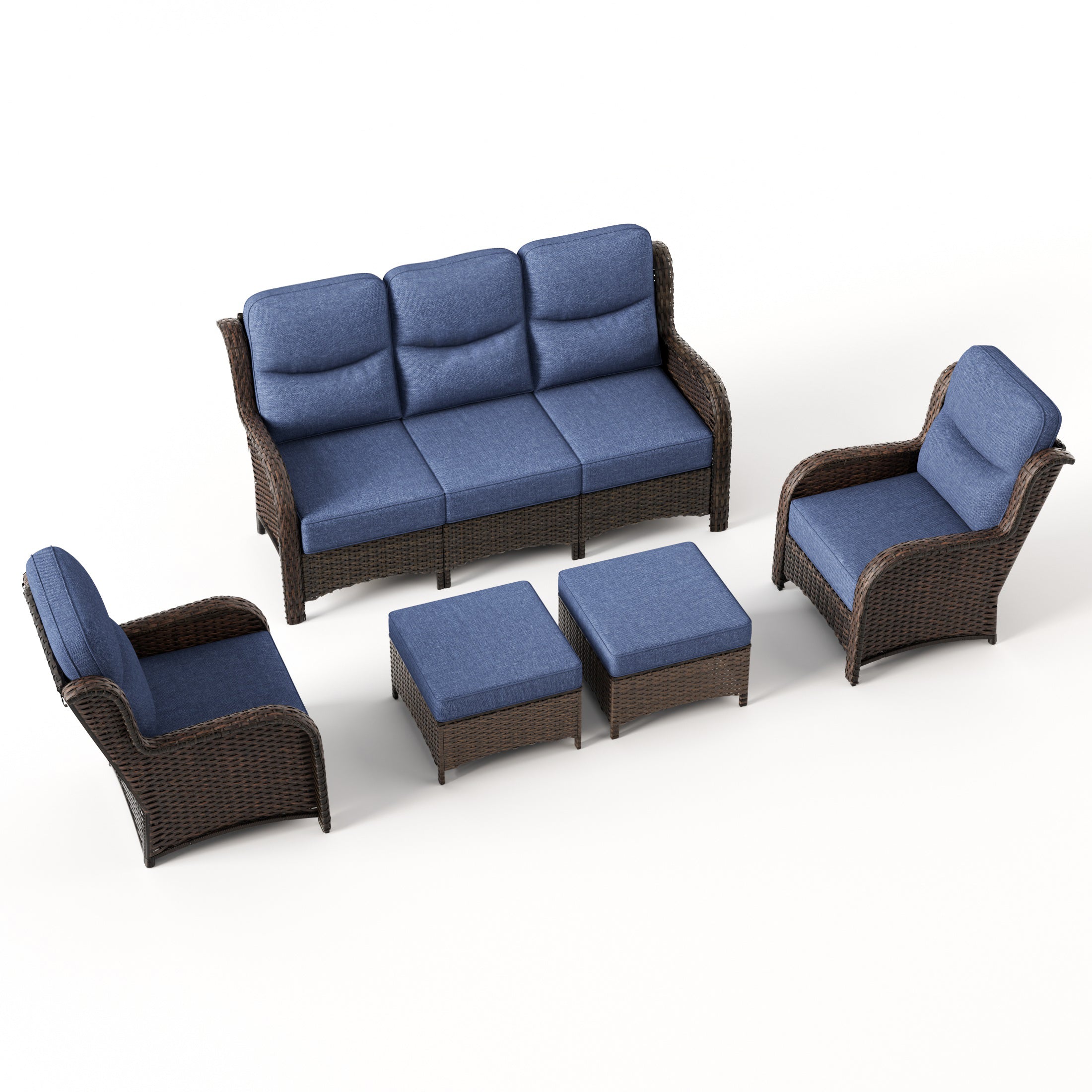 Hawthorne 5 Piece Patio Rattan Loung Furniture Set With 3-Seater Sofa & Ottomans For Backyard