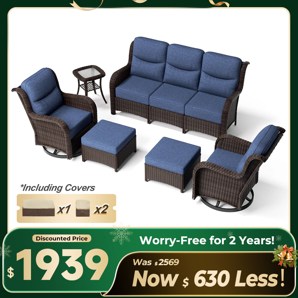 Ardenelle Luxury 6 Piece Patio Wicker Sofa Set With Ottomans, Side tables And Covers