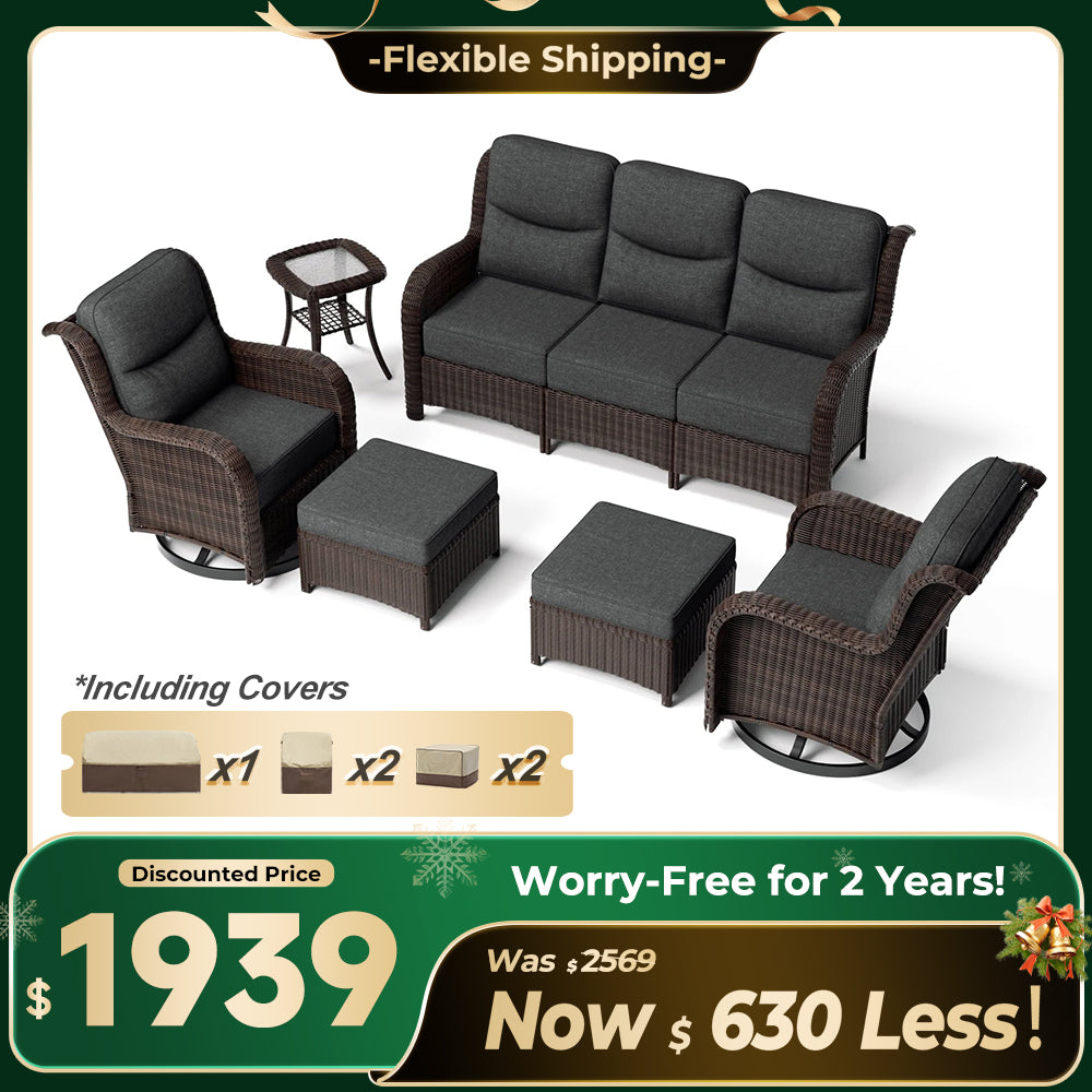 Ardenelle Luxury 6 Piece Patio Wicker Sofa Set With Ottomans, Side tables And Covers