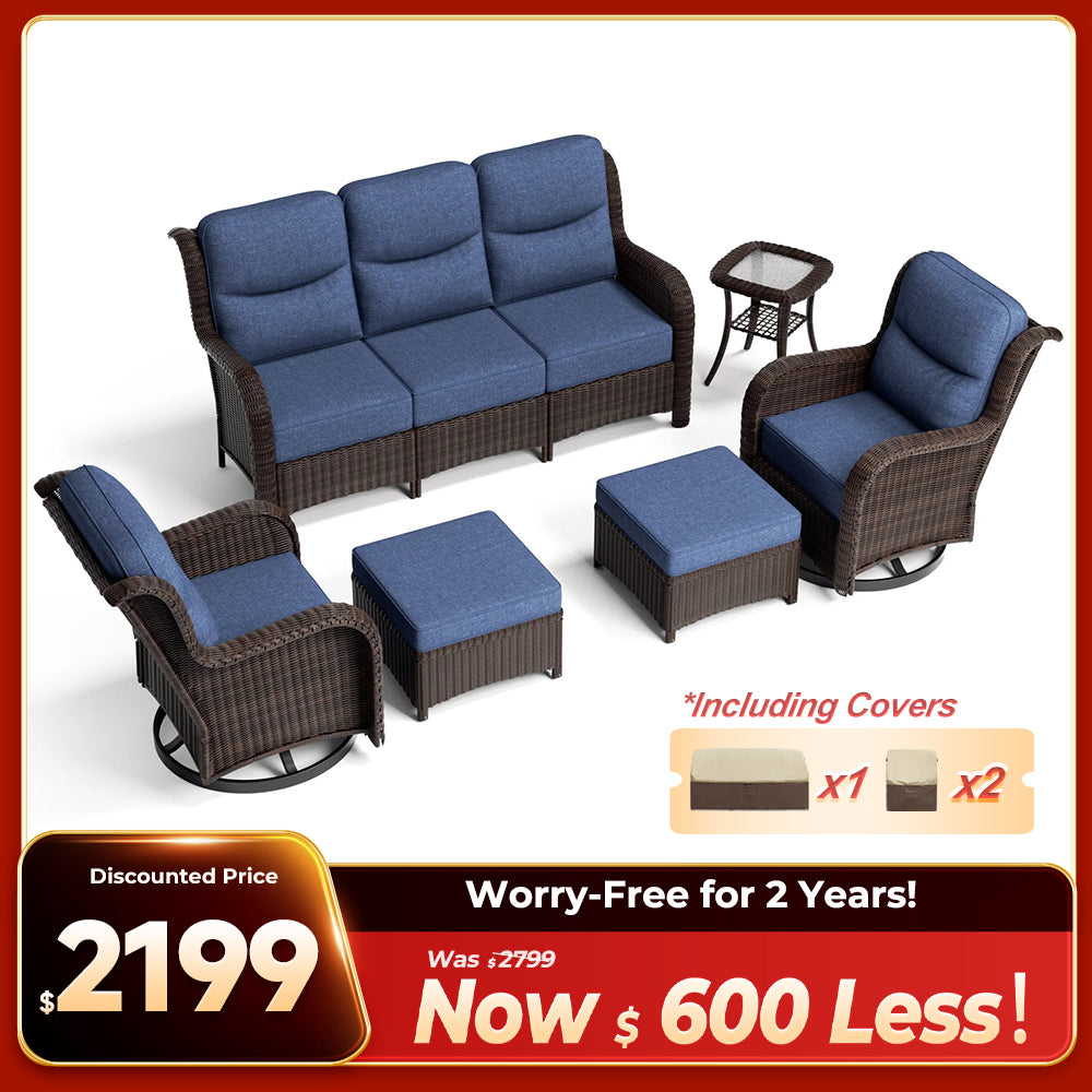 Ardenelle Luxury 6 Piece Patio Wicker Sofa Set With Ottomans, Side tables
