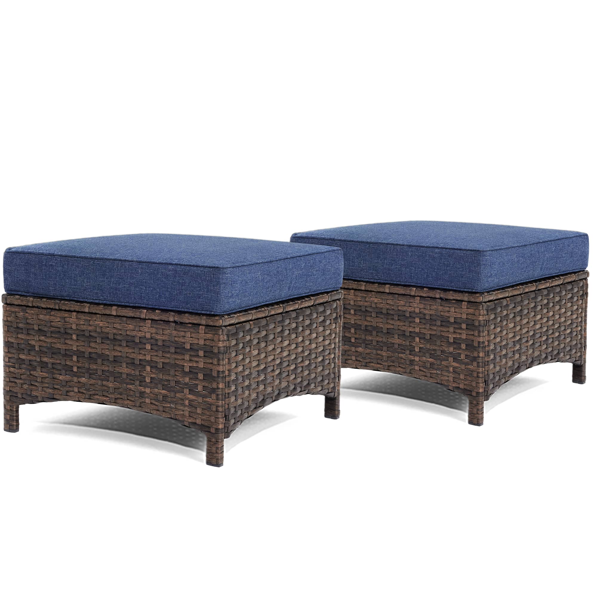 2PCS Flat Rattan Blue Ottomans