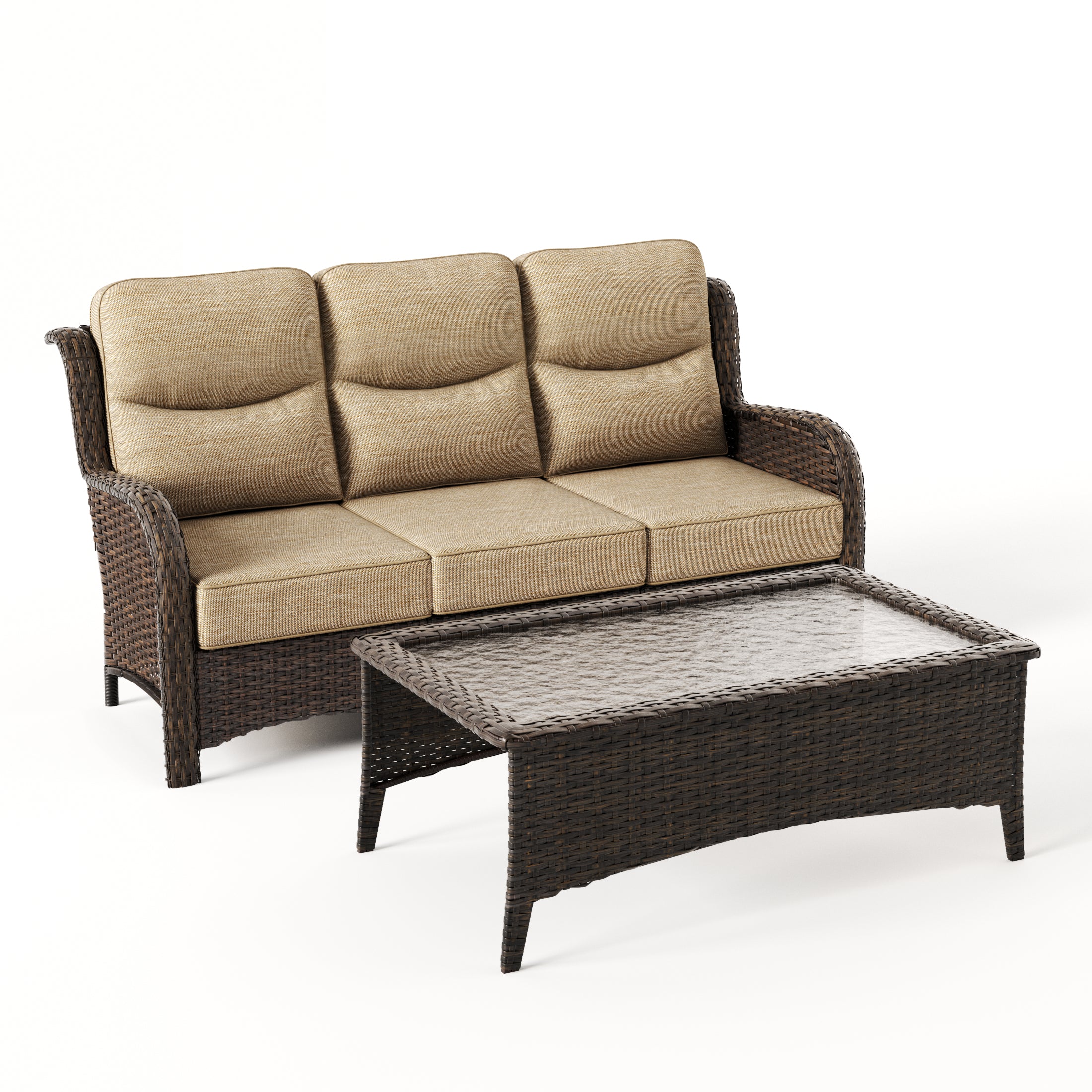 Hawthorne Sand Wicker Furniture Patio High Back Sofa And Swivel Glider Chairs With 6-Inch Cushions