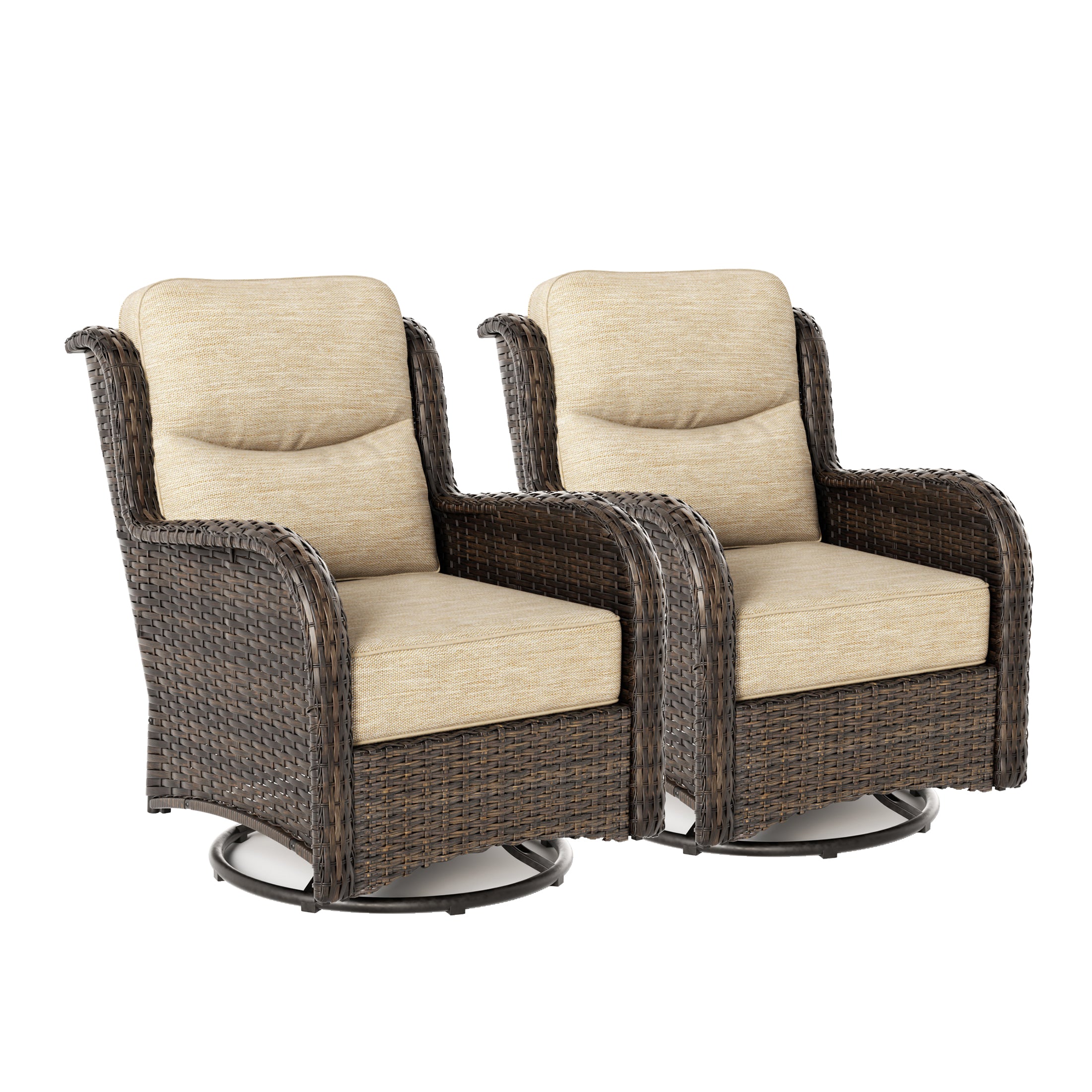 Hawthorne Sand Wicker Furniture Patio High Back Sofa And Swivel Glider Chairs With 6-Inch Cushions
