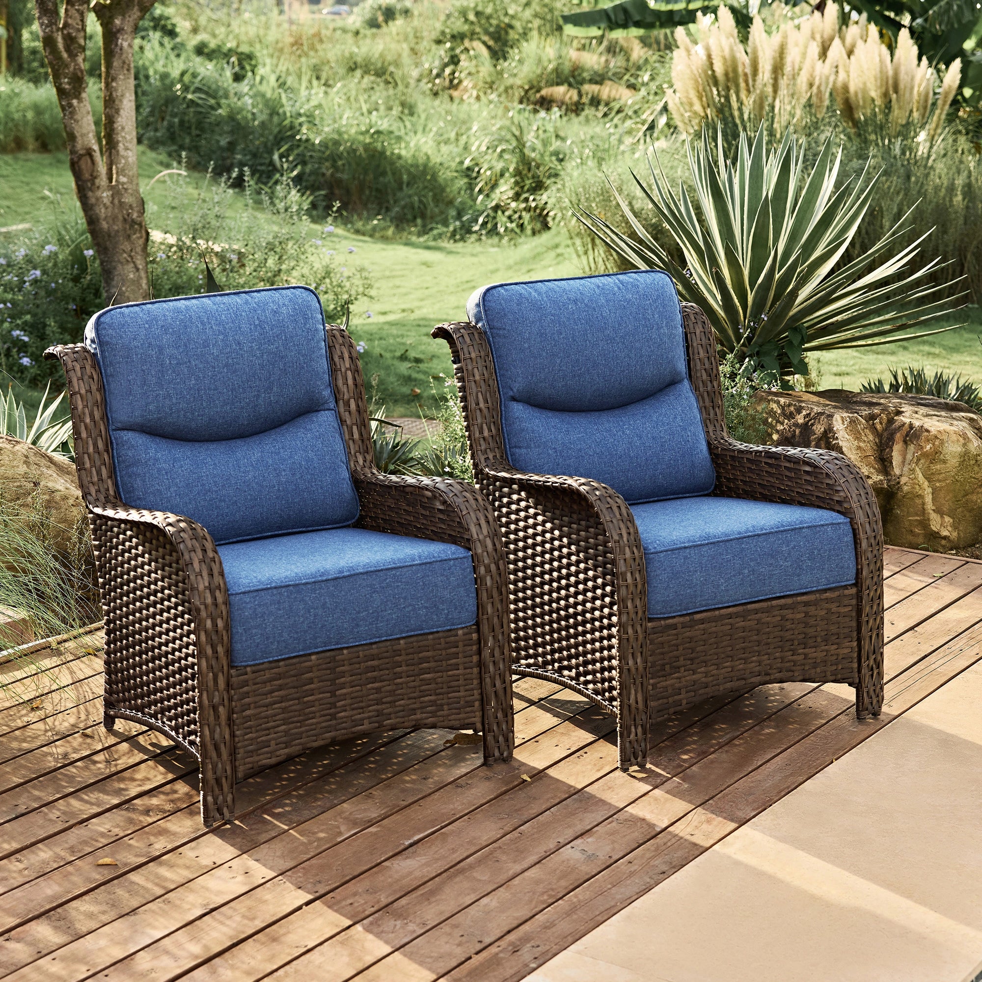 Hawthorne 2 Piece Outdoor Wicker Lounge Chairs Set With 6-Inch Cushions For Porch