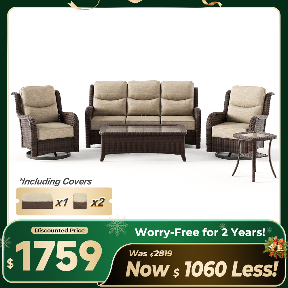 Ardenelle Luxury 5 Piece Patio Wicker Sofa Set With Tables And Covers