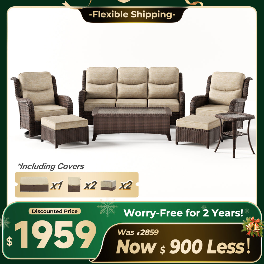 Ardenelle Luxury 7 Piece Patio Wicker Sofa Set With Ottomans, Tables And Covers