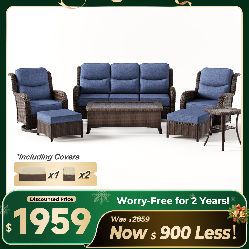 Ardenelle Luxury 7 Piece Patio Wicker Sofa Set With Ottomans, Tables And Covers