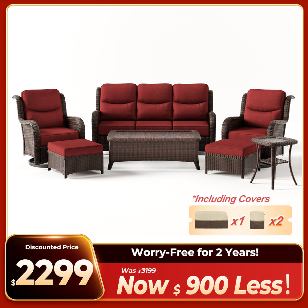 Ardenelle Luxury 7 Piece Patio Wicker Sofa Set With Ottomans, Tables