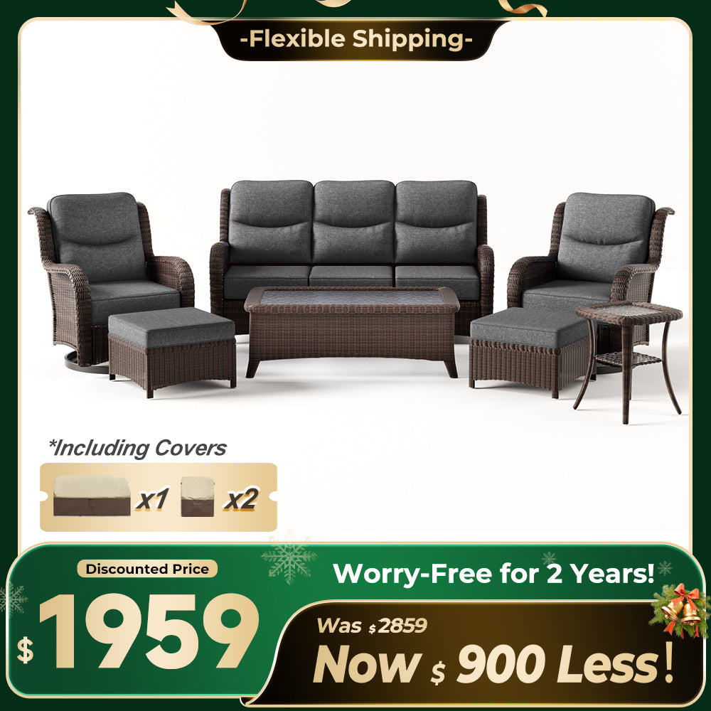 Ardenelle Luxury 7 Piece Patio Wicker Sofa Set With Ottomans, Tables And Covers