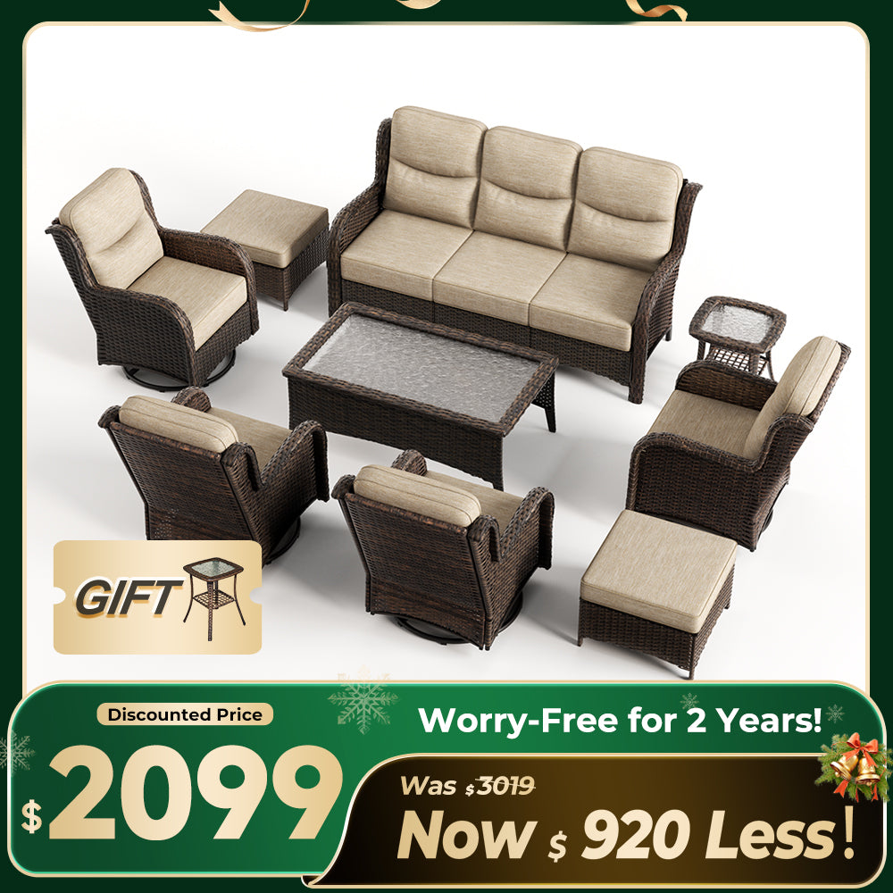 Hawthorne 9 Pieces All Weather Outdoor Wicker Sofa Set with Tables and Cushions for Backyard