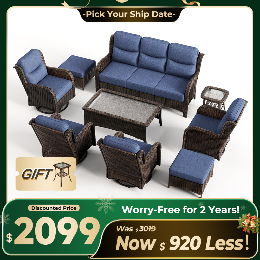 Hawthorne 9 Pieces All Weather Outdoor Wicker Sofa Set with Tables and Cushions for Backyard