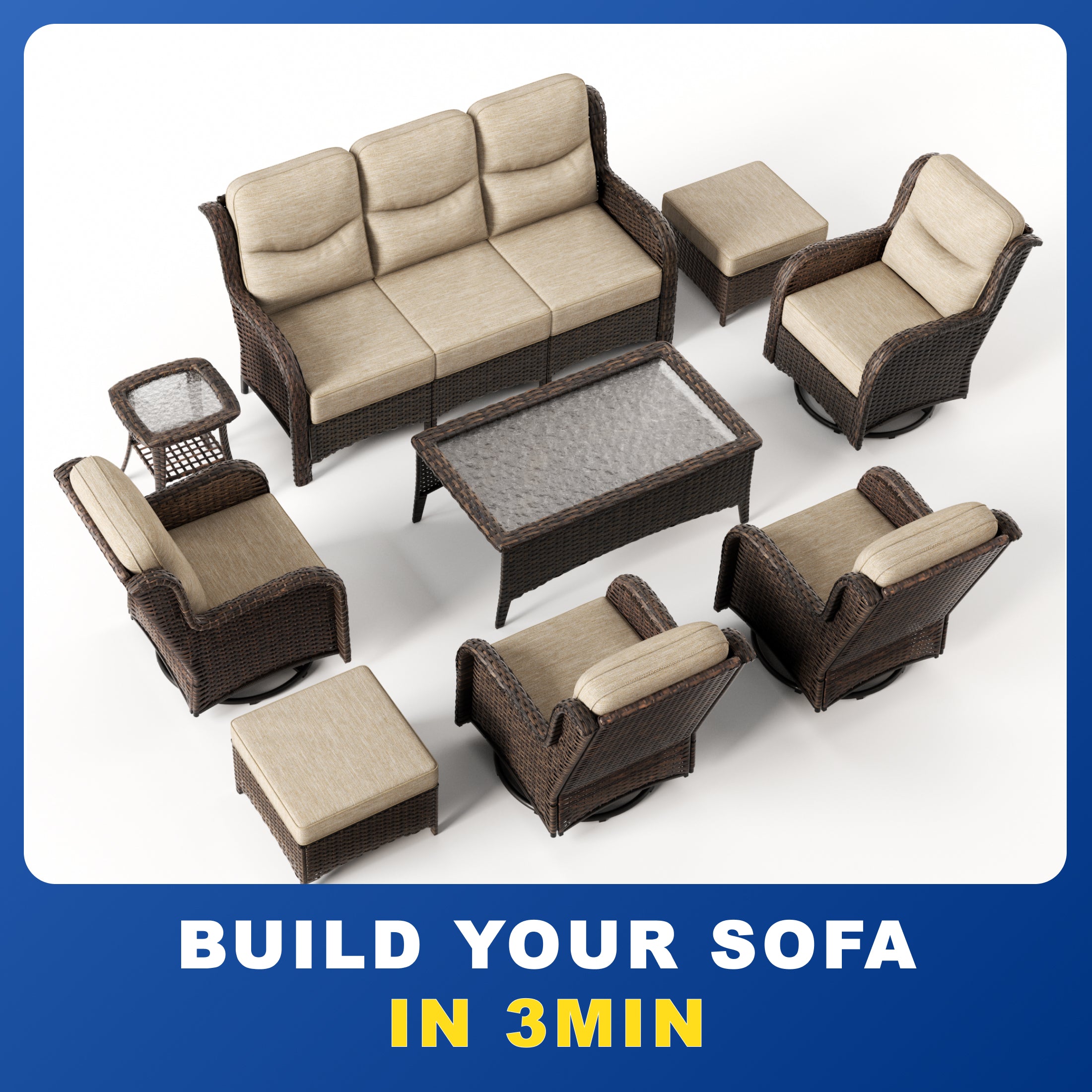 【Quick Assembly Collection】Patio Wicker 3-Min Sofa Furniture Set