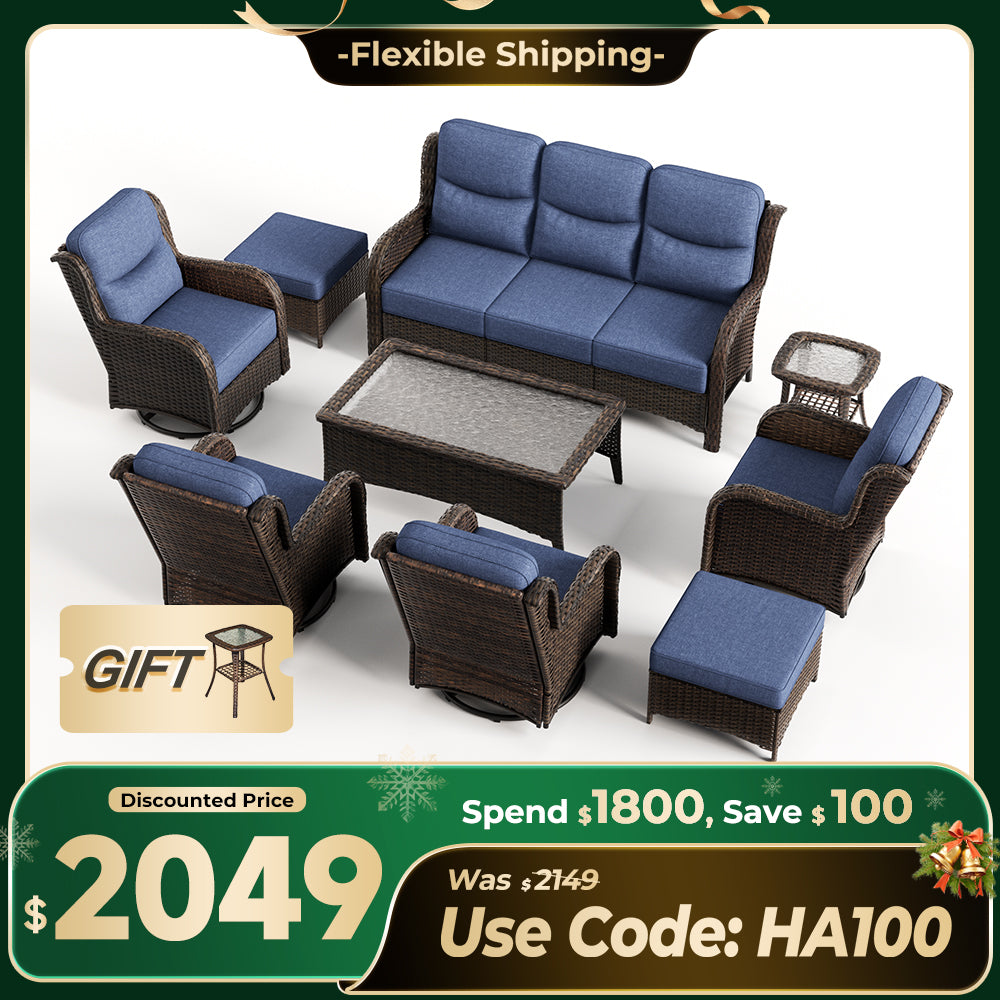 【Extra $100 OFF | CODE: HA100】Hawthorne 9 Pieces All Weather Outdoor Wicker Sofa Set with Tables and Cushions for Backyard