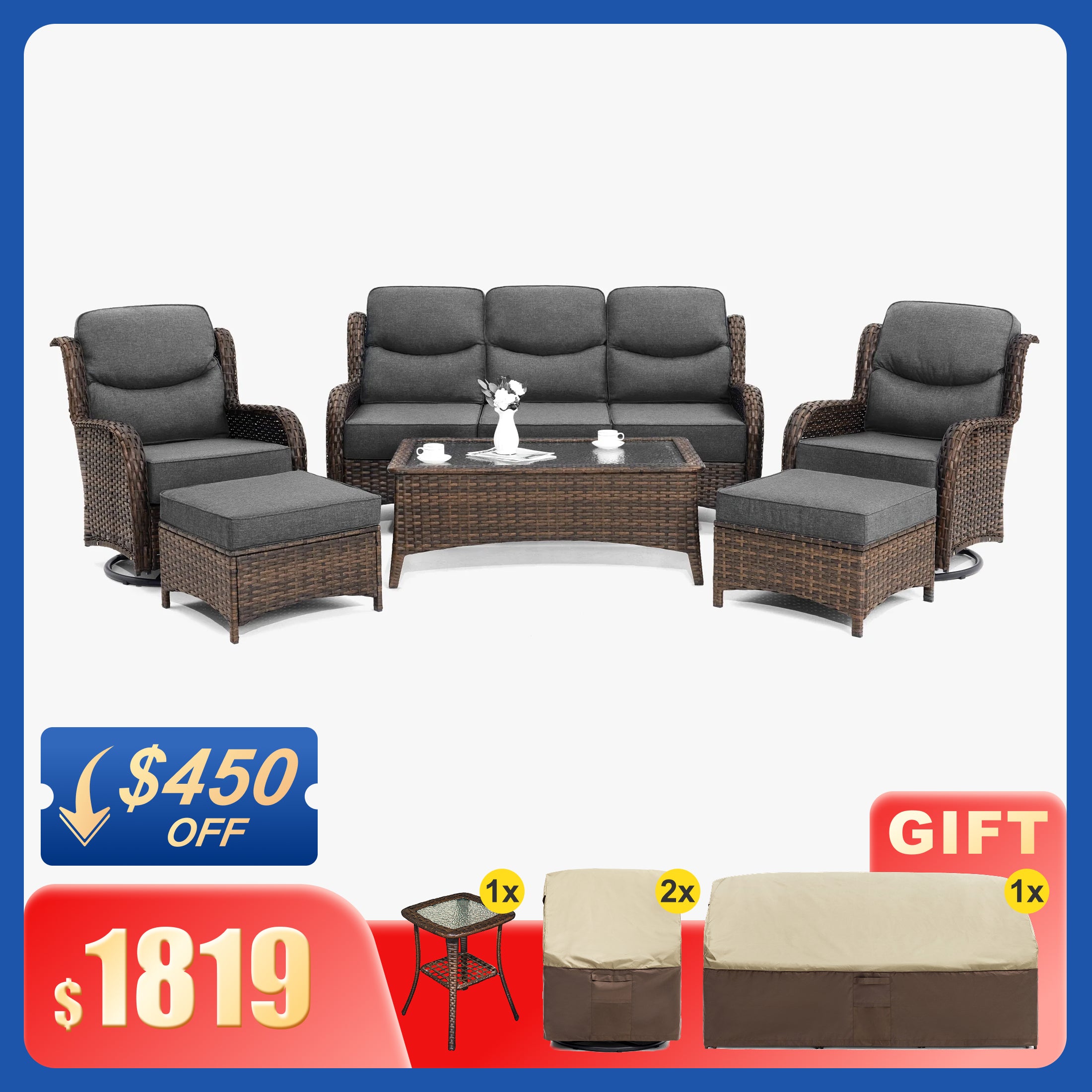 Hawthorne 9 Piece All Weather Outdoor Wicker Furniture Set With Removable khaki Covers