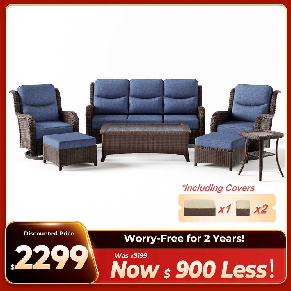 Ardenelle Luxury 7 Piece Patio Wicker Sofa Set With Ottomans, Tables