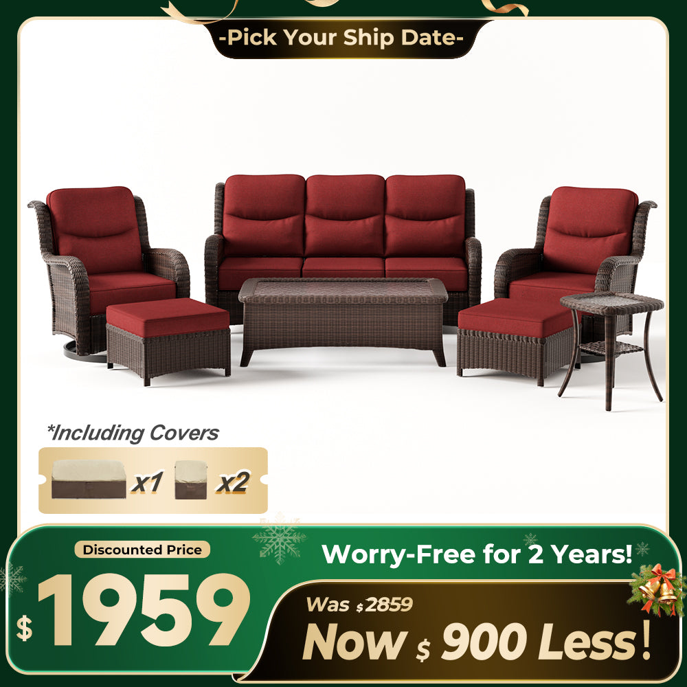 Ardenelle Luxury 7 Piece Patio Wicker Sofa Set With Ottomans, Tables And Covers