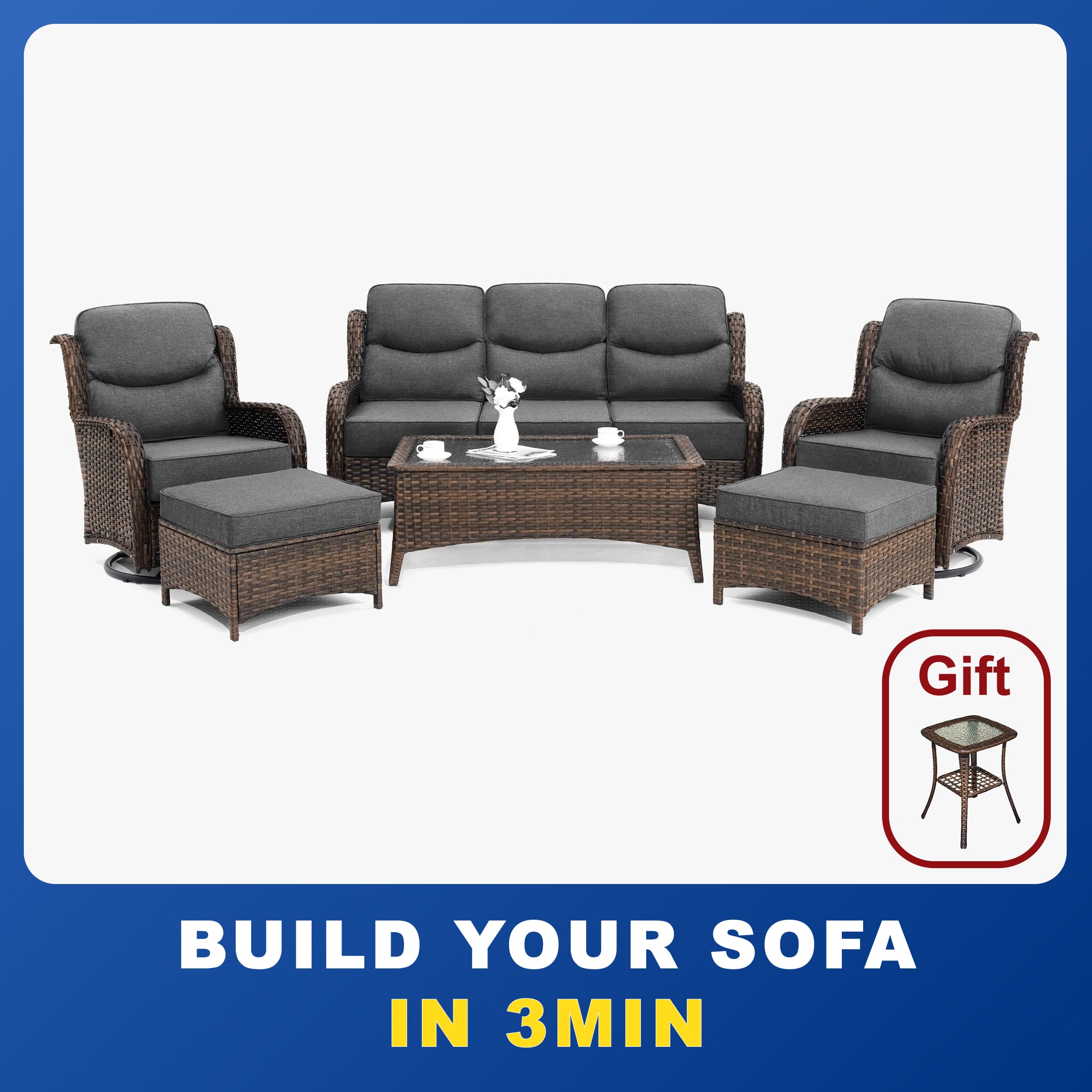 【Quick Assembly Collection】Patio Wicker 3-Min Sofa Furniture Set