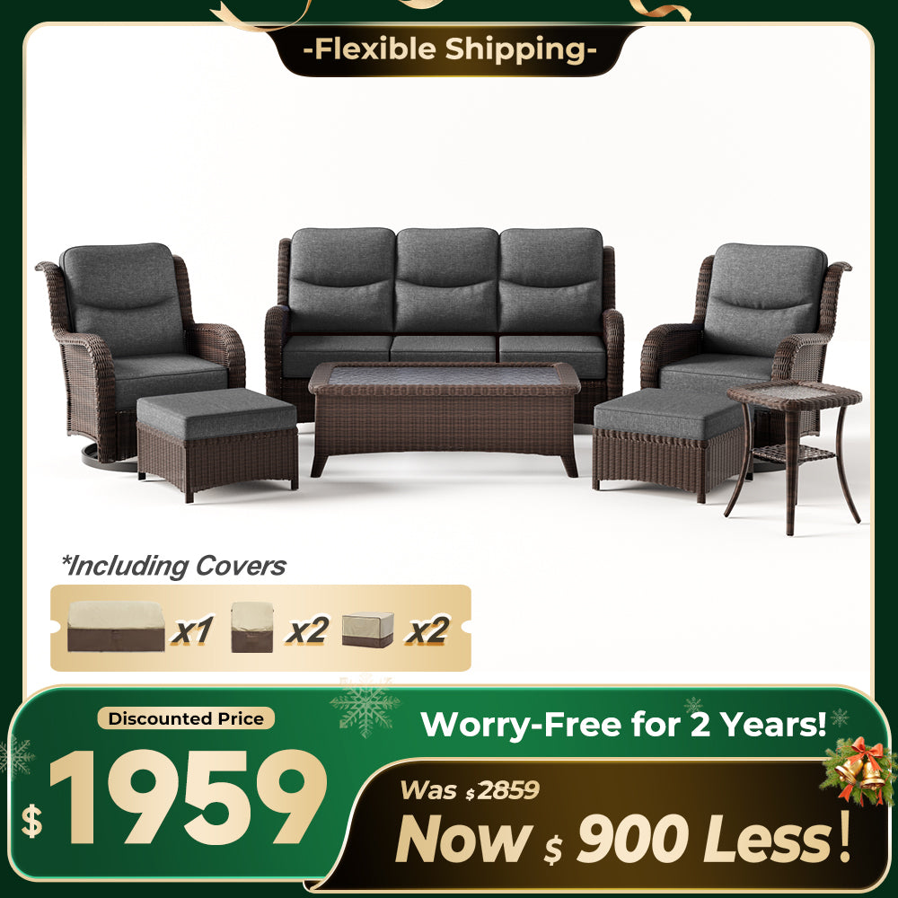 Ardenelle Luxury 7 Piece Patio Wicker Sofa Set With Ottomans, Tables And Covers