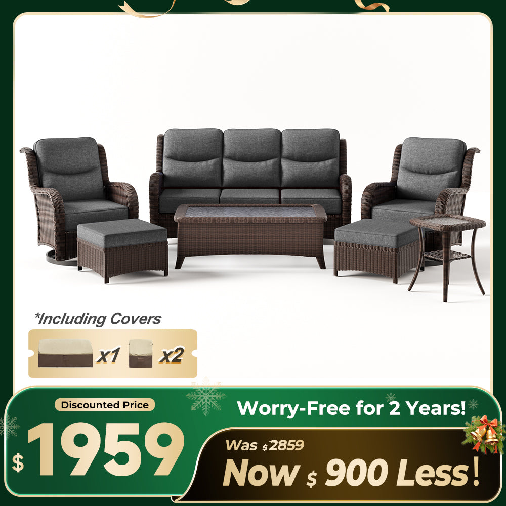 Ardenelle Luxury 7 Piece Patio Wicker Sofa Set With Ottomans, Tables And Covers