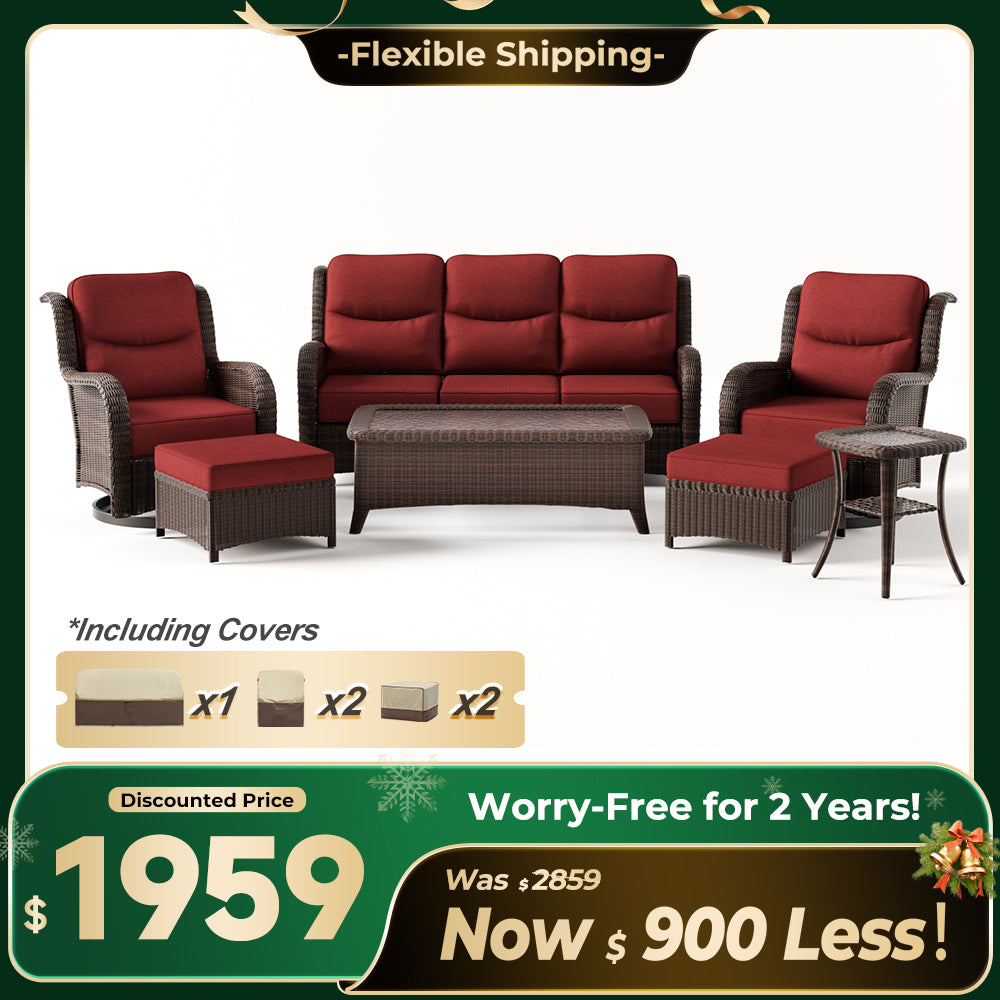 Ardenelle Luxury 7 Piece Patio Wicker Sofa Set With Ottomans, Tables And Covers