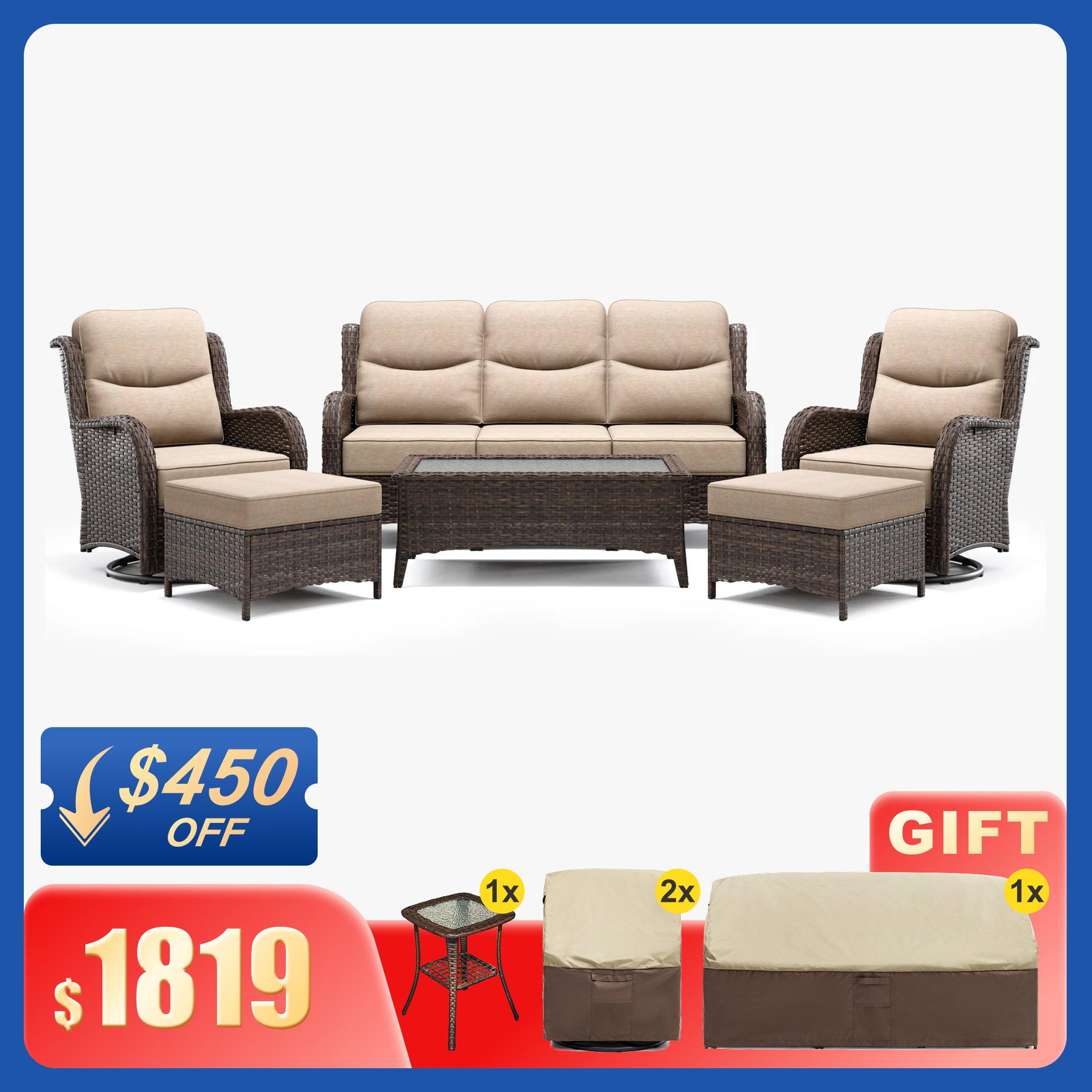 Hawthorne 9 Piece All Weather Outdoor Wicker Furniture Set With Removable khaki Covers