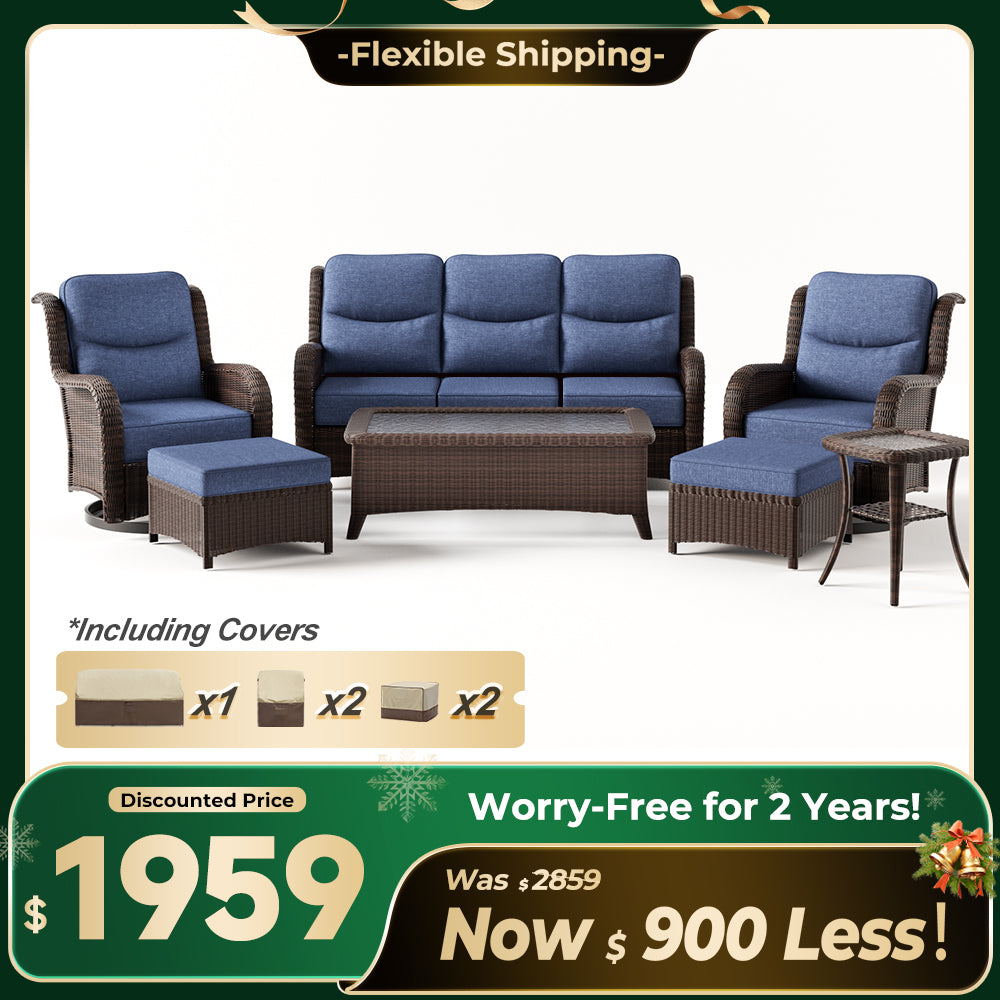 Ardenelle Luxury 7 Piece Patio Wicker Sofa Set With Ottomans, Tables And Covers