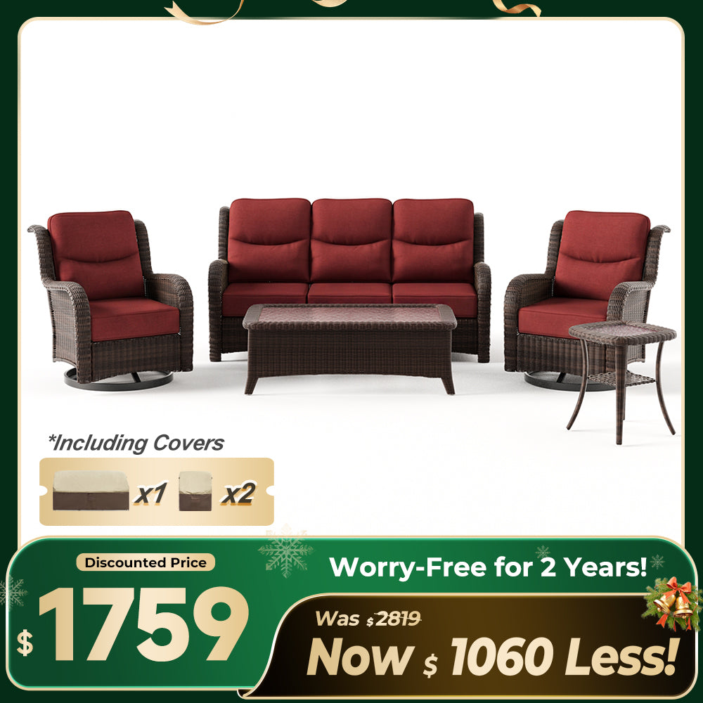 Ardenelle Luxury 5 Piece Patio Wicker Sofa Set With Tables And Covers