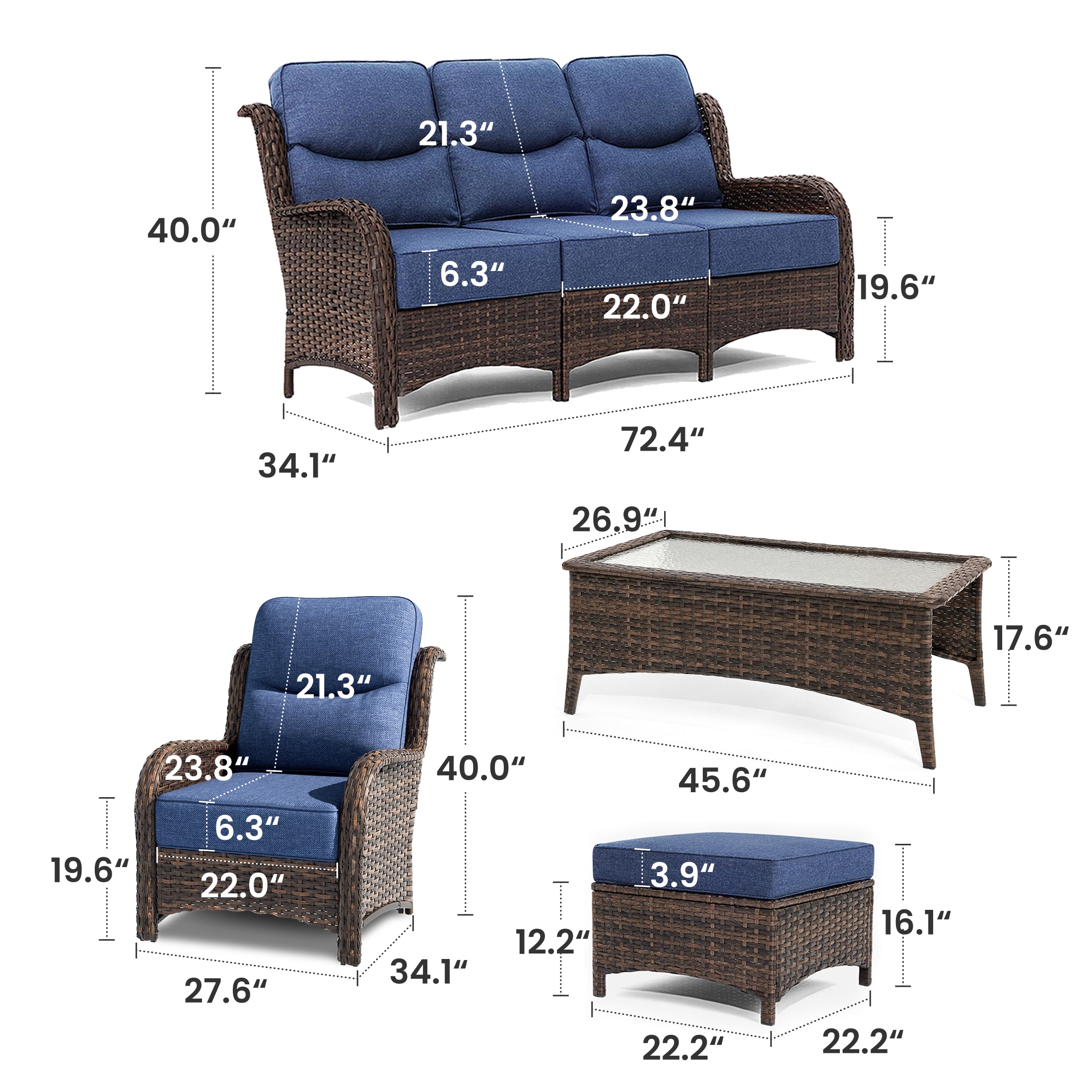 Hawthorne 6 Piece Patio Rattan Furniture Set With 3-Seater Sofa & Coffee Table For Gatherings