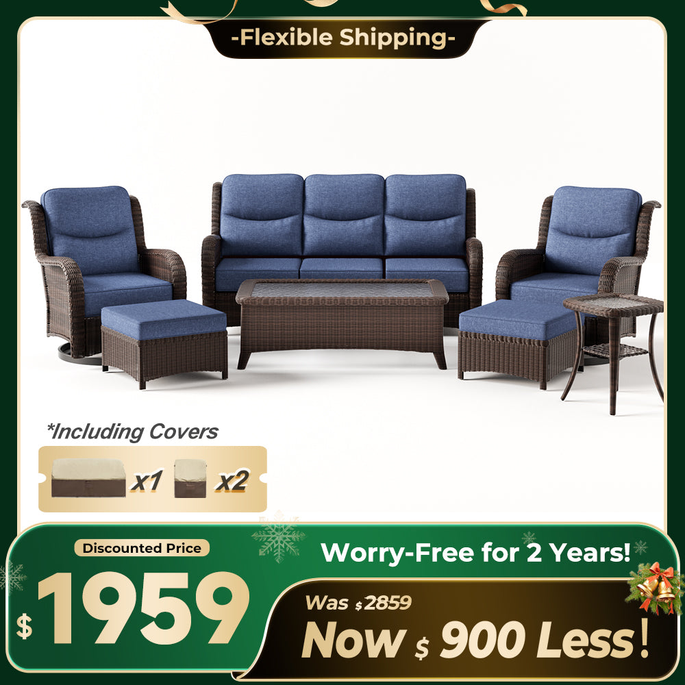 Ardenelle Luxury 7 Piece Patio Wicker Sofa Set With Ottomans, Tables And Covers