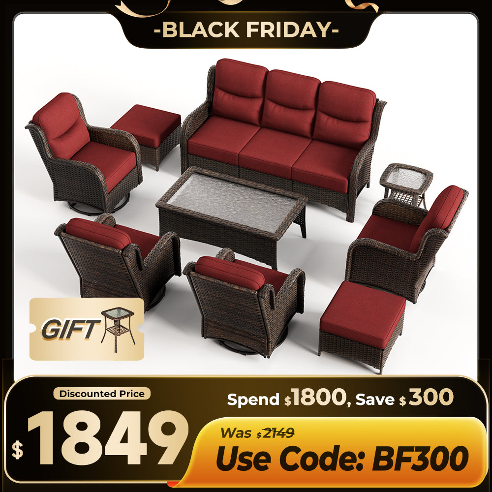 【Extra $300 OFF | CODE: BF300】Hawthorne 9 Pieces All Weather Outdoor Wicker Sofa Set with Tables and Cushions for Backyard