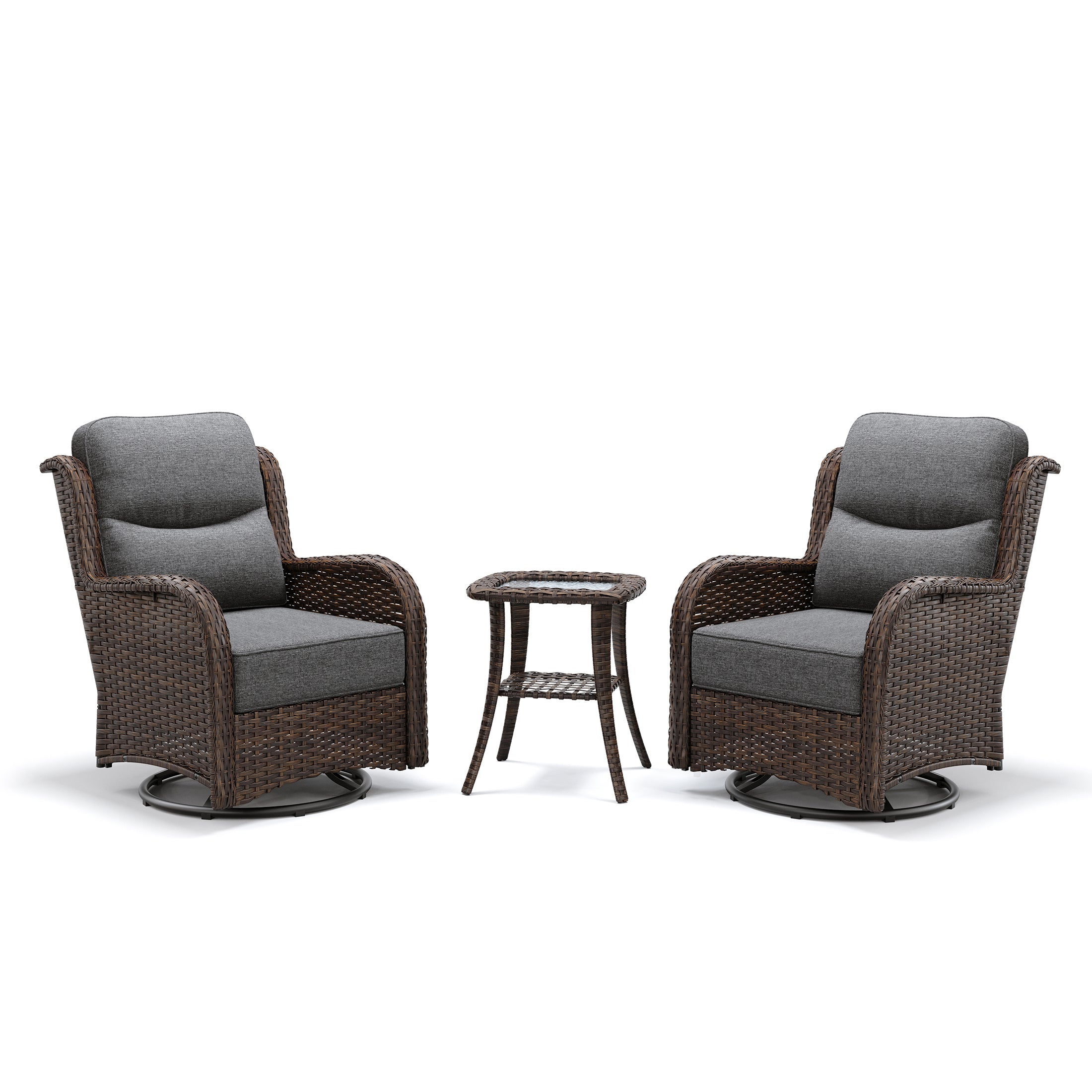 Hawthorne 3 Piece Outdoor Wicker 360° Swivel Conversation Set With Cushions & Side Table For Porch
